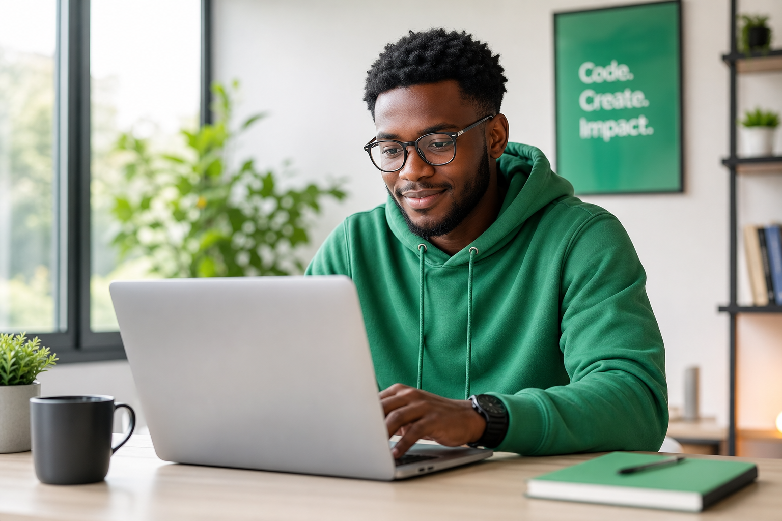 Developer working on a laptop in a bright workspace